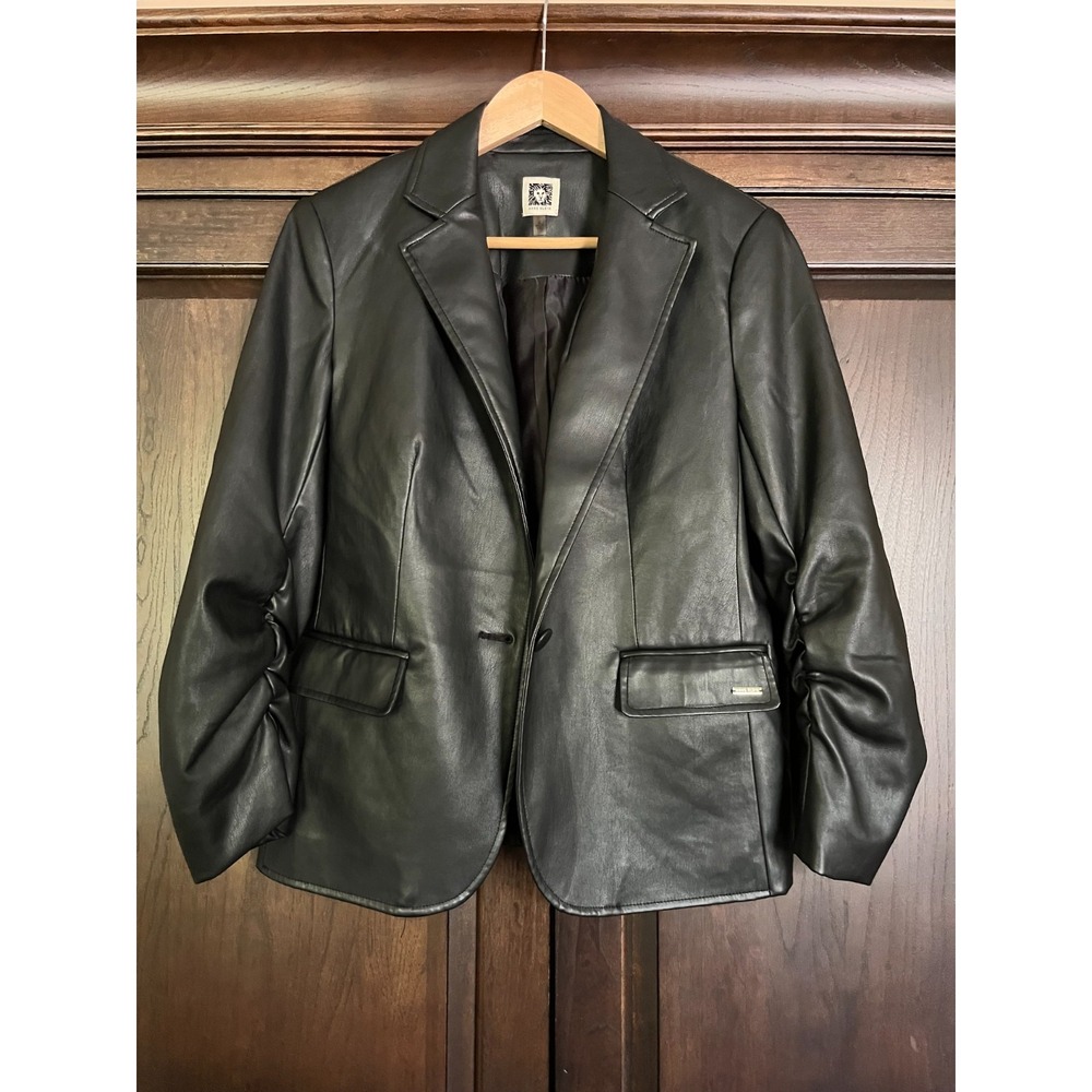 Vintage ANNE KLEIN Faux Vegan Leather Black Jacket Ruched 3/4 Sleeves Womens S